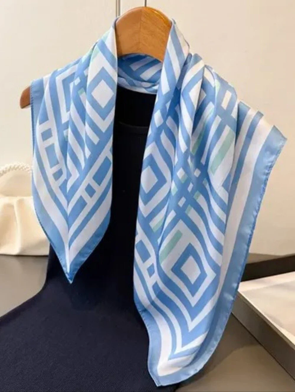 Silk-feel Blue Geometric Square Scarf - Women Head Scarf , Neck Scarf